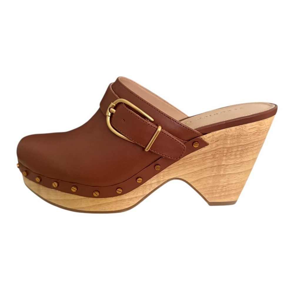 Veronica Beard Brown Leather Studded Wood Clog Mules